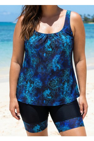 Curvy Blue Floral Modest And Sporty Swimsuit And Swimwear Tankini Set