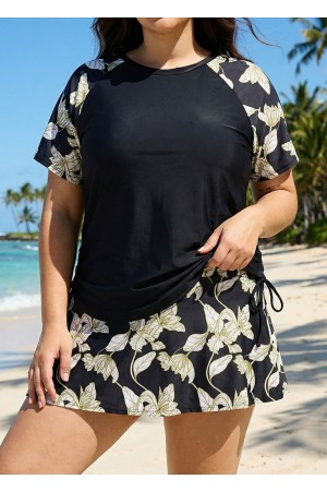 Curvy Black Leaf Upf50+ Short Sleeves Padded Side Drawstring Women's Swimsuit Tankini Top