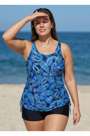 Navy Paisley Pattern Scoop Neck Modest Drawstring Curvy Women's Swimsuit Tankini Top