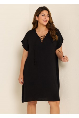 Black Lace Up Neckline Short Sleeves Plus Size Bathing Suit Cover Ups Dress