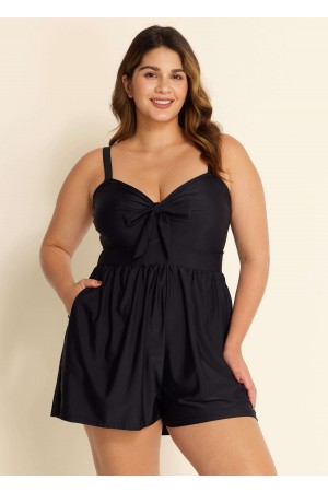 Plain Black Bowknot Pocket Gathered Romper One Piece Swimsuit