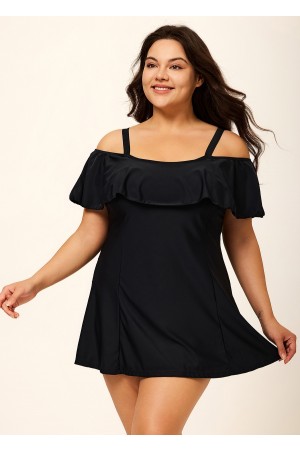Plus Size Black Tummy Control Stylish One Piece Swimdress