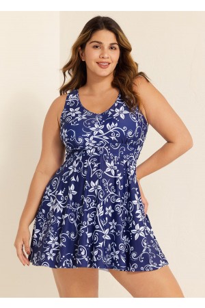 Navy Floral Modest Curvy Swimsuit And Swimwear Swimdress Set