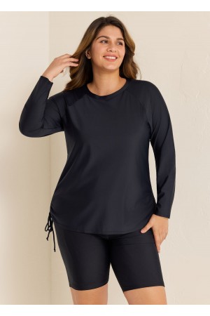 Plus Size Black Long Sleeve Drawstring Women's Swimsuit Tankini Top
