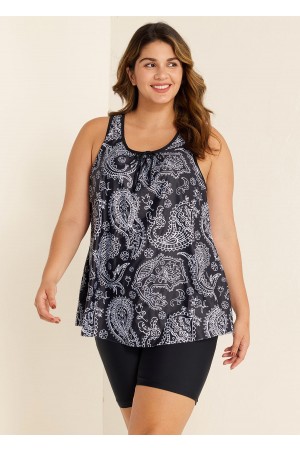 Black Paisley Loose Fit Plus Size Women Tankini Top