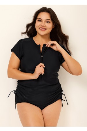 Black Plus Size Zip Front Short Sleeve Side Drawstring Tankini Top