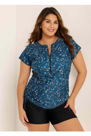 Plus Size Green Floral Short Sleeve Swimwear Bathing Suits Tankini Top