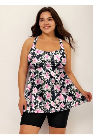 Black Floral Print Square Neck Flowy Modest Plus Size Tankini Swimsuit Top