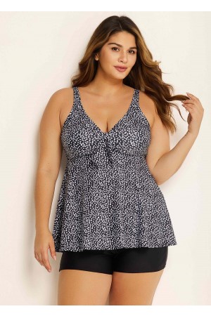 Plus Size Black Polka Dot Print Modest Swimsuits Tankini Top