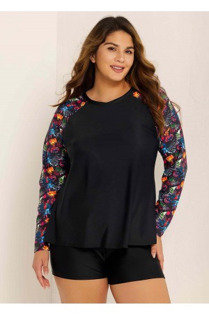 Black Leaf Print Long Sleeve Plus Size Swimsuit Swimwear Tankini Top