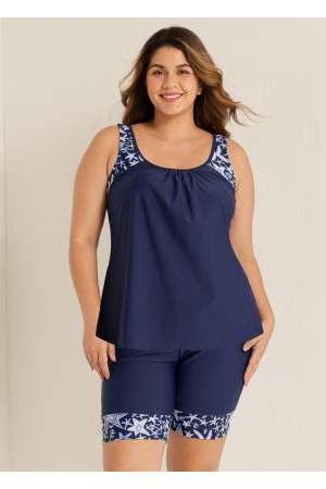 Plus Size Navy Graphic Print Round Neck Tankini Set