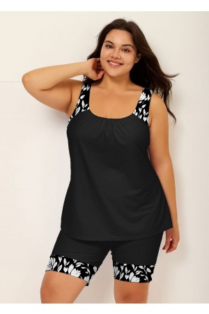 Plus Size Black Floral Print Round Neck Modest Tankini Set