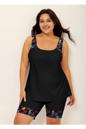 Black Plants Print Round Neck Plus Size Modest Tankini Set