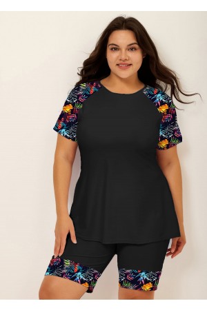 Black Plants Pullover Short Sleeve Modest Plus Size Fashion Casual Tankini Set
