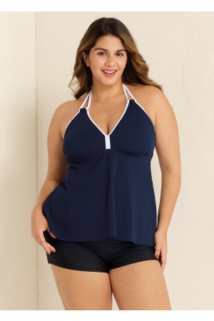 Navy And White V Neck Halter Plus Size Tankini Top
