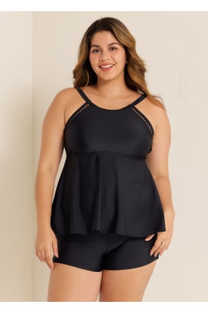 Black Scoop Neck Cutout Edge Plus Size Modest Tankini Swimsuit Top