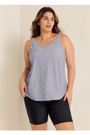 Curvy Black Stripe Drawstring Color Block Women'S Swimsuit Tankini Top