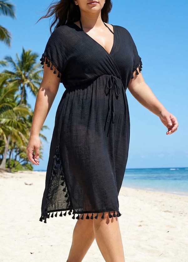 Black Weave Sleeveless Long Fringe Vacation Cover Up