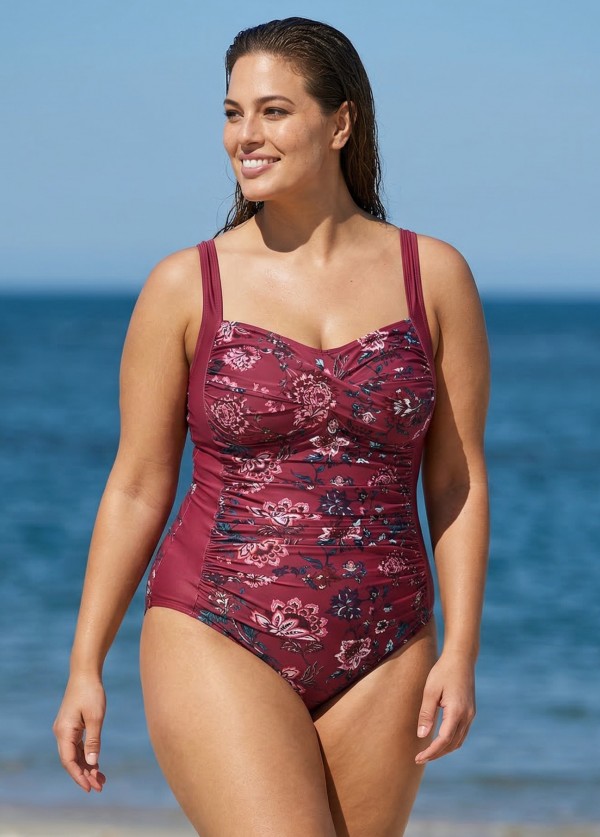 Red Floral Print Pleated Fashion One Piece Swimsuit