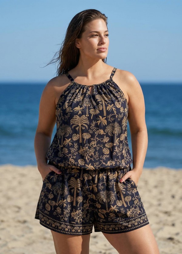 Plus Size Black Print High Neck Hollow With Pocket One Piece Swimsuit Swim Romper
