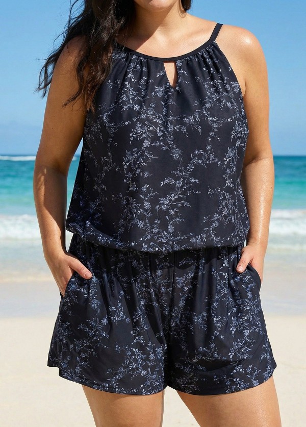 Plus Size Black Floral High Neck Vintage Pocket Women's Swimsuit One Piece Swim Romper