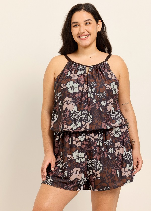Plus Size Brown Floral High Neck Flattering Pocket Women's Swimsuit One Piece Swim Romper