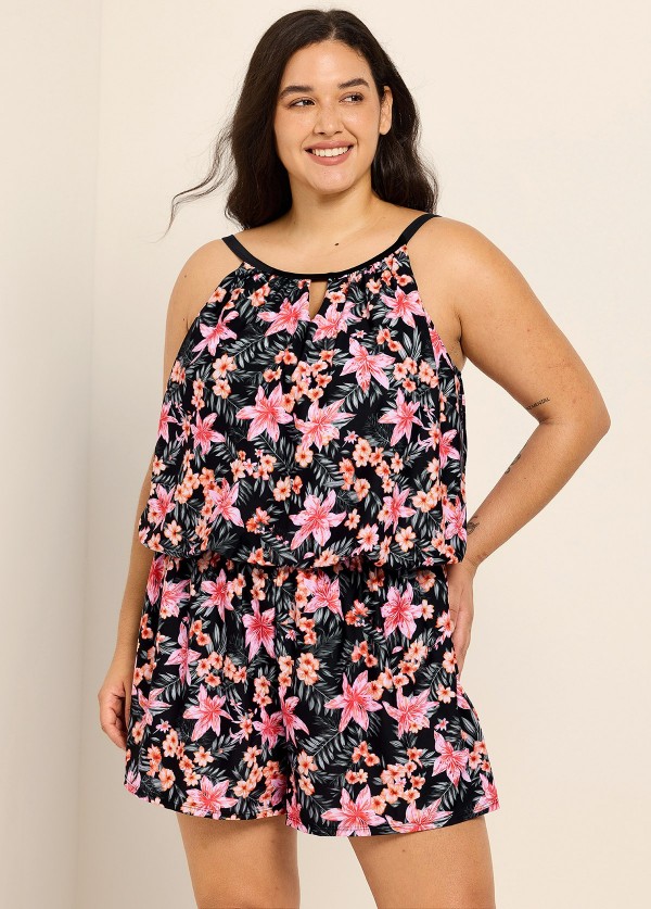 Black Pink Floral Print High Neck Vintage Pocket Plus Size Swimsuit One Piece Swim Romper