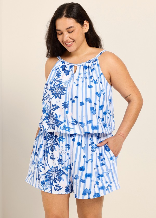 Plus Size White Blue Floral Stripe High Neck Modest Pocket Swimsuit One Piece Swim Romper