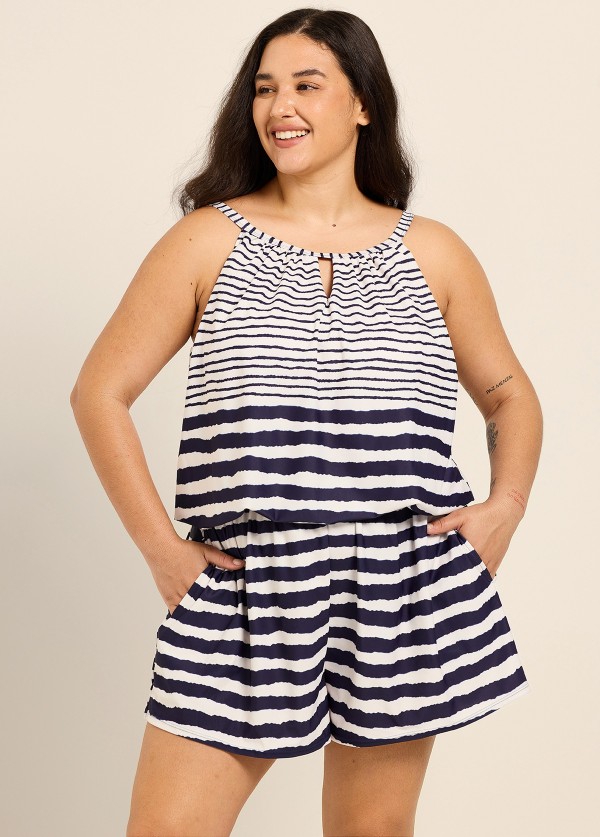 Curvy Navy Cream Ethnic Striped Keyhole Neck Vintage Pocket Women's Swimsuit One Piece Swim Romper