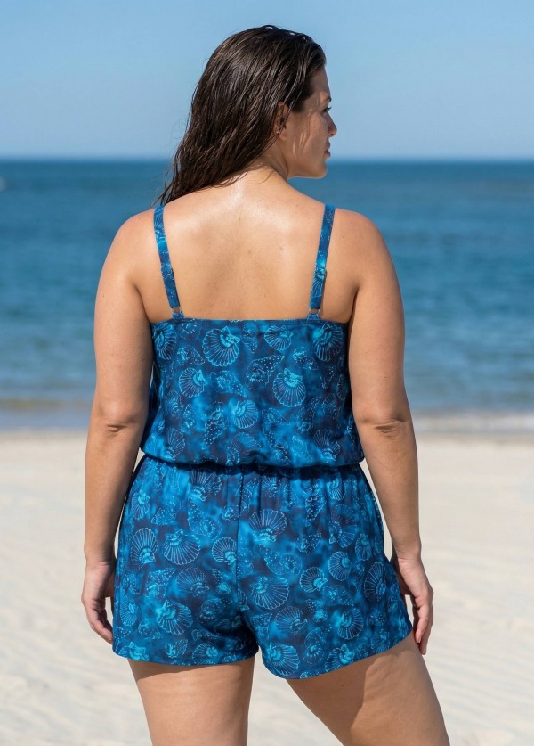 Navy Shell Pattern High Neck Vintage Pocket Curvy Women's Swimsuit One Piece Swim Romper