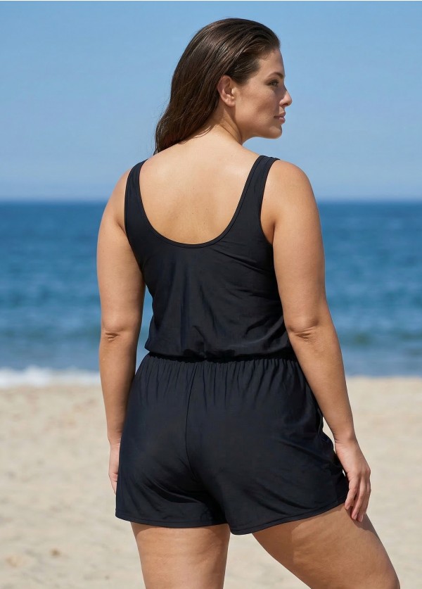 Plus Size Black Wide Strap Pocket 1 Piece Bathing Suits Romper One Piece Swimsuit