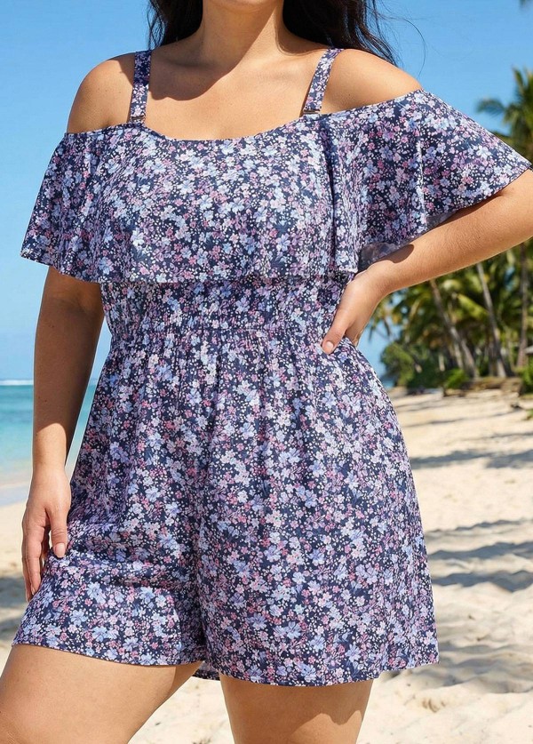 Purple Floral Print Flattering Off Shoulder Ruffled Plus Size Swimsuit One Piece Swim Romper