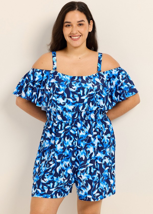 Blue Floral Print Vintage Off Shoulder Ruffled Plus Size Swimsuit One Piece Swim Romper