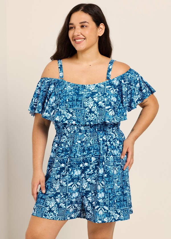 Navy Blue Floral Flattering Off Shoulder Ruffled Curvy Swimsuit One Piece Swim Romper