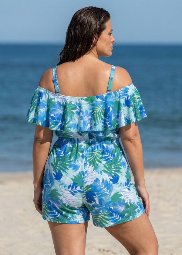Plus Size White Leaf Flattering Off Shoulder Ruffled Women's Swimsuit One Piece Swimdress