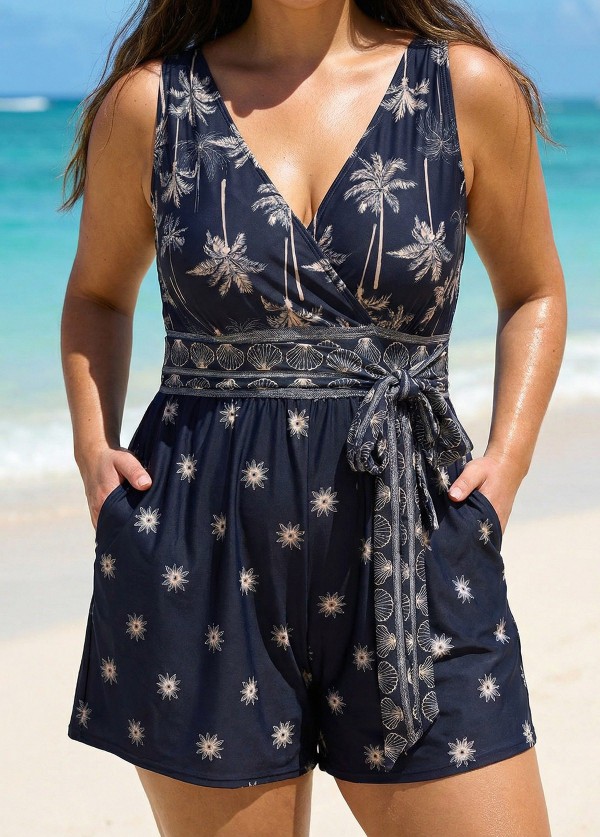 Curvy Black Palm Tree Print Flattering Wrap Pocket Curvy Swimsuit One Piece Swim Romper