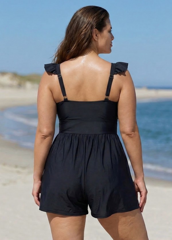 Plus Size Black Twisted Front Ruffled One Piece Swimsuit Swim Romper