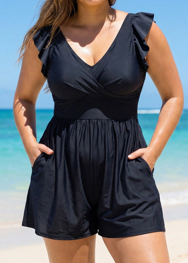 Plus Size Black Twisted Front Ruffled One Piece Swimsuit Swim Romper