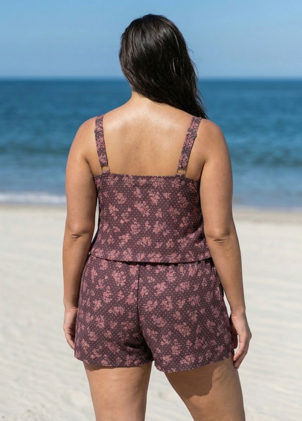 Plus Size Brown Floral Dot Scoop Neck Wide Straps Pocket Swimsuit One Piece Swim Romper