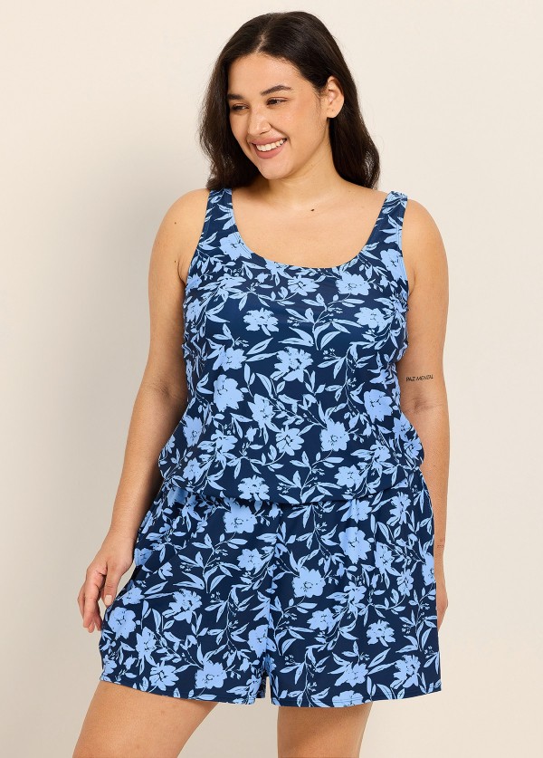 Plus Size Blue Floral Scoop Neck Modest Wide Straps Pocket Swimsuit One Piece Swim Romper