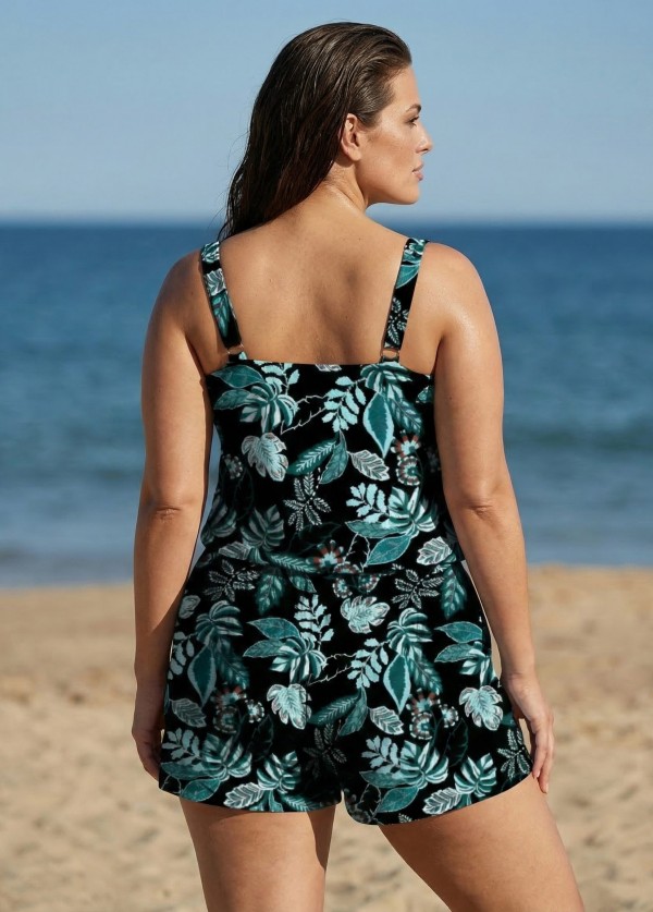 Curvy Green Tropical Leaf Print Scoop Neck Wide Straps Pocket Swimsuit One Piece Swim Romper