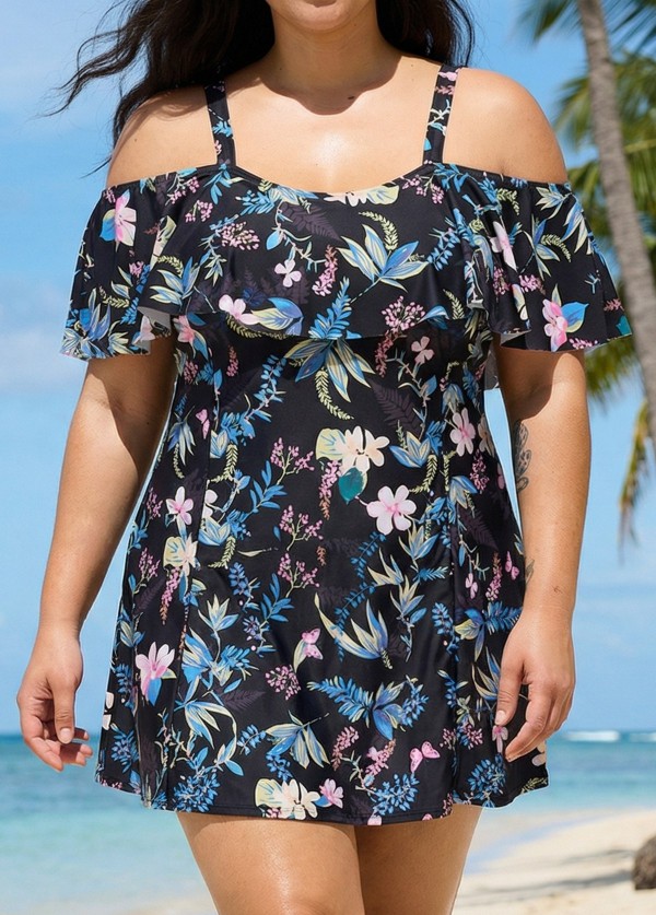 Plus Size Pink Floral Off The Shoulder Vintage Women's Swimsuit One Piece Swimdress