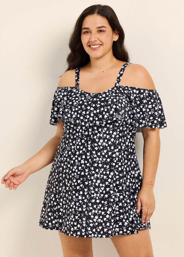 White Floral Off The Shoulder Modest Plus Size Women's Swimsuit One Piece Swimdress