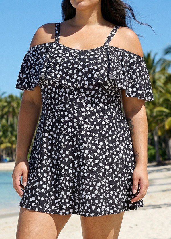 White Floral Off The Shoulder Modest Plus Size Women's Swimsuit One Piece Swimdress