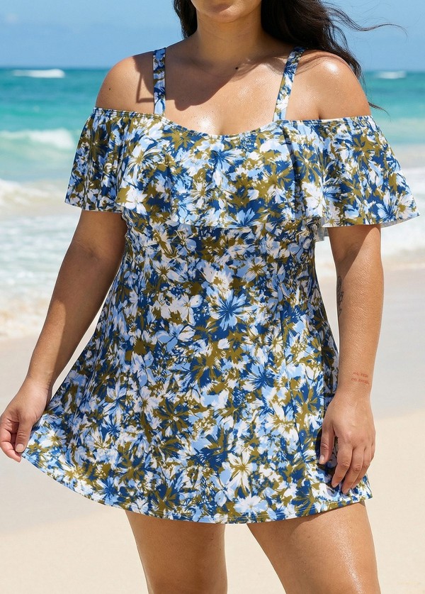 Curvy Navy Floral Off The Shoulder Flattering Women's Swimsuit One Piece Swimdress
