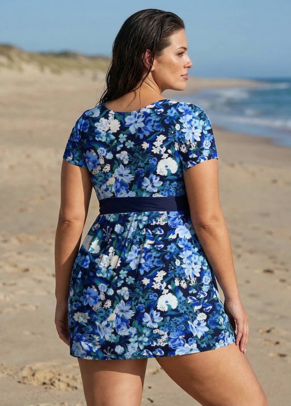 Curvy Navy Floral Upf50+ Short Sleeves Modest Padded Women's Swimsuit Swimdress Top