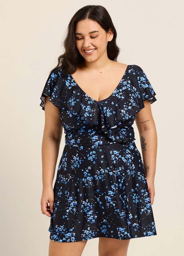 Blue Floral Print V Neck Cap Sleeves Flattering Ruffles Curvy Swimsuit Swimdress Set