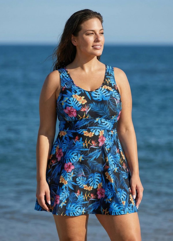 Romantic Blue Floral Print Back Cross Flowy Swim Dress Set