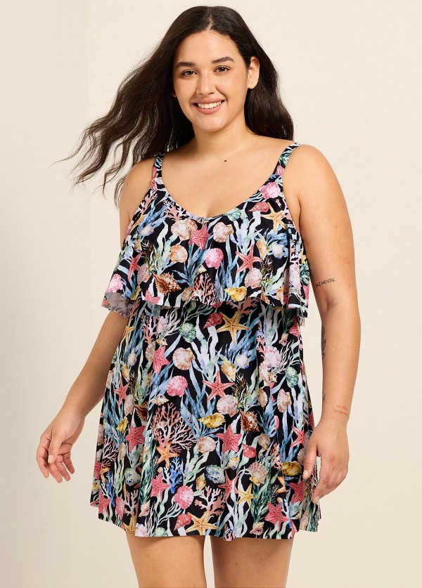 Black Plants Layered Ruffle Trim Adjustable Strap Elegant Curvy Women's Swimsuit One Piece Swimdress