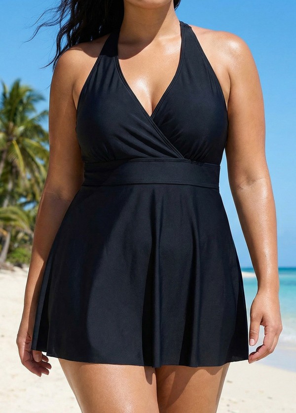 Black V Neck Mesh Fashion Plus Size One Piece Swimdress